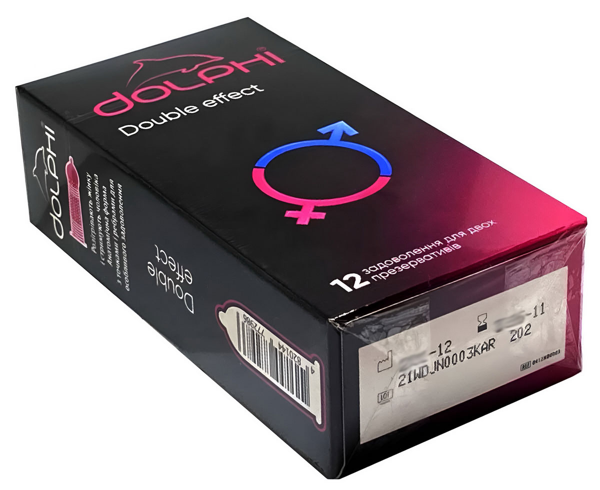 Три чорні коробки Dolphi Double Effect з білим та синім написом, 36 презервативів