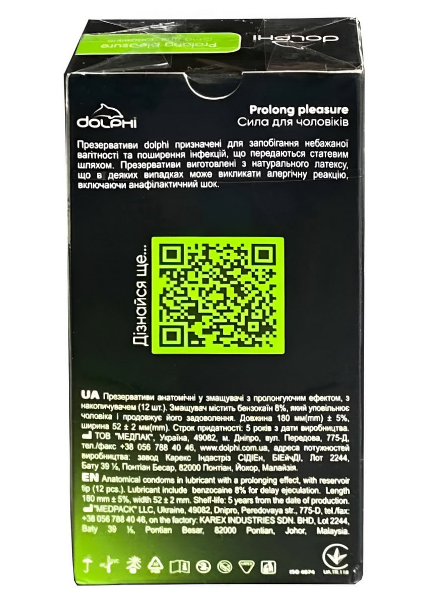 Темно-синяя упаковка Dolphi Prolong Pleasure с серебристым текстом и числом 12