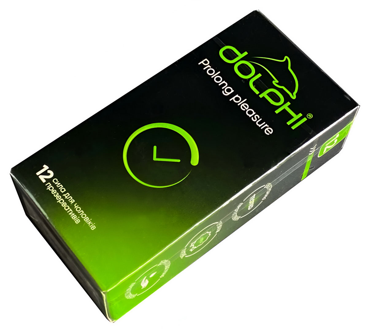 Черная коробка Dolphi Prolong Pleasure с серебристым логотипом и цифрой 12
