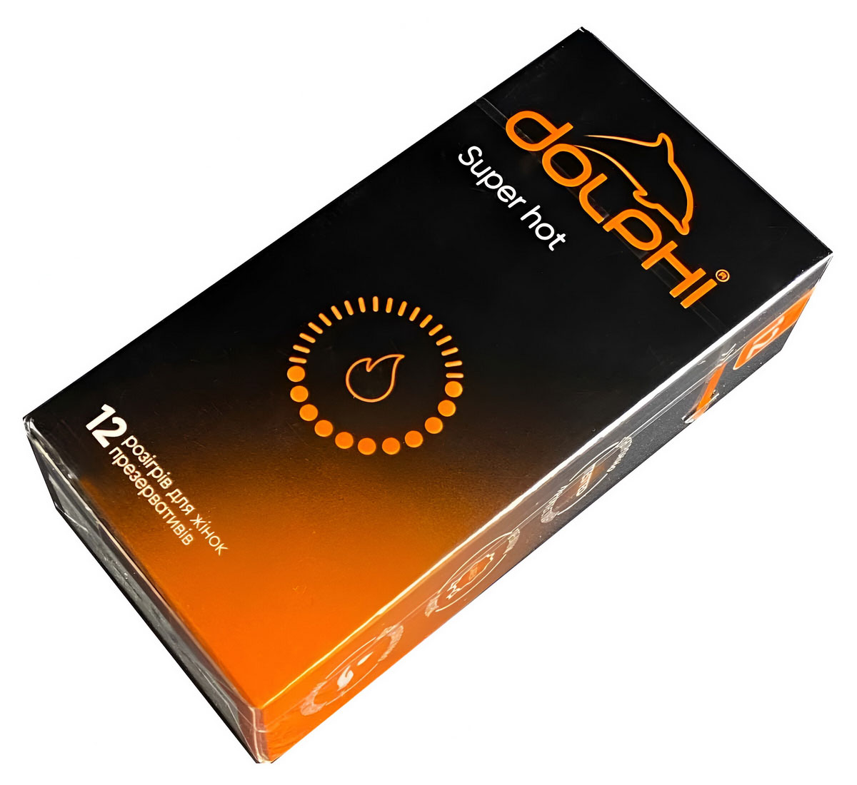 Яскраві червоні коробки Dolphi Super Hot із написом 12 шт та позначкою збуджуючого ефекту