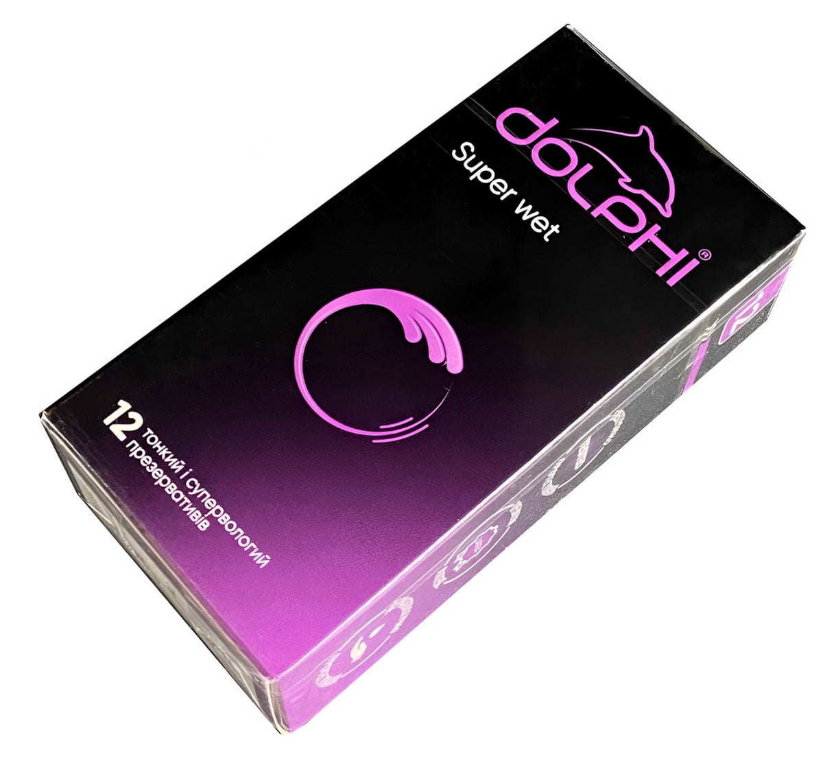 Декілька коробок Super Wet синього кольору з написом 12 презервативів у кожній на білому фоні