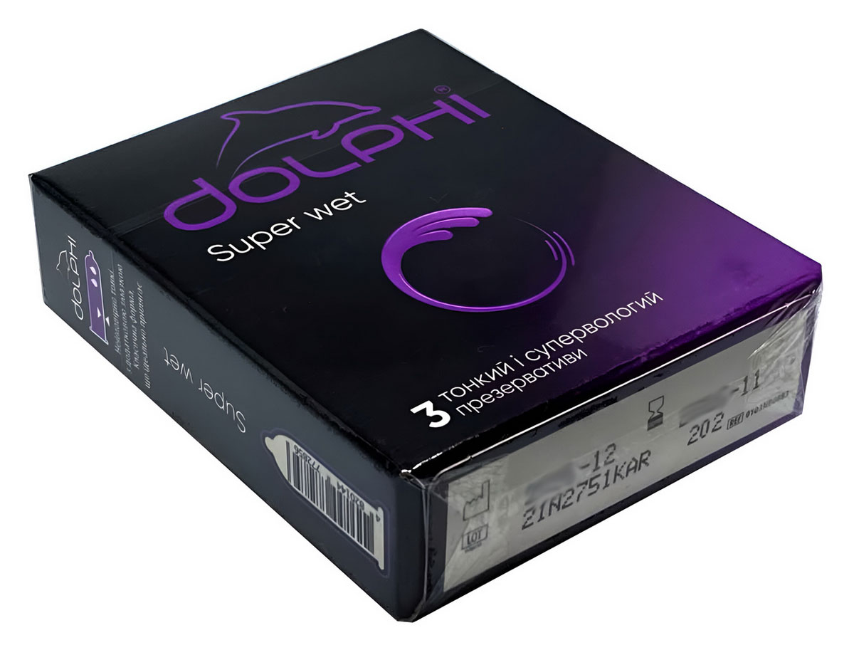 Синий фон, белая упаковка Dolphi Super Wet с надписью и цифрой 3
