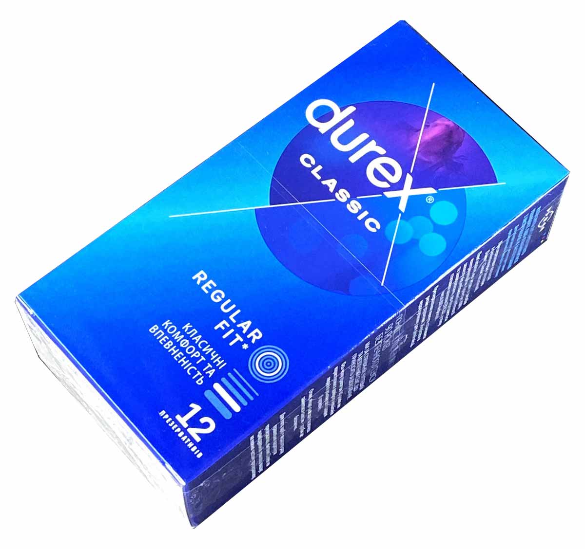 Синя коробка Durex Classic з білим логотипом та написом 12 шт