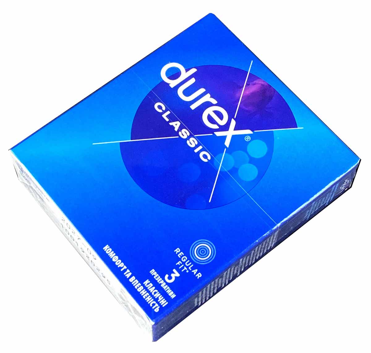 Синий фон с белым логотипом Durex, надпись Classic, три презерватива в упаковке