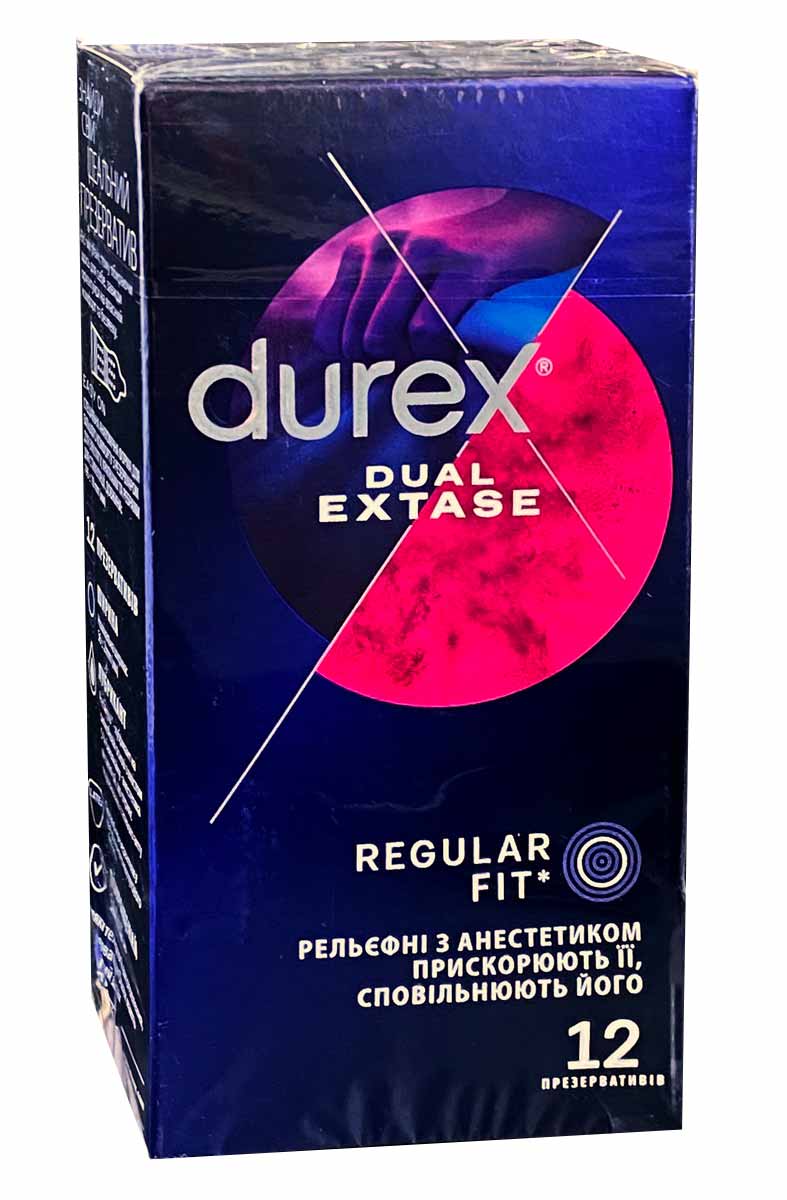 Темно-синяя коробка Durex Dual Extase 12 презервативов с фиолетово-розовым дизайном