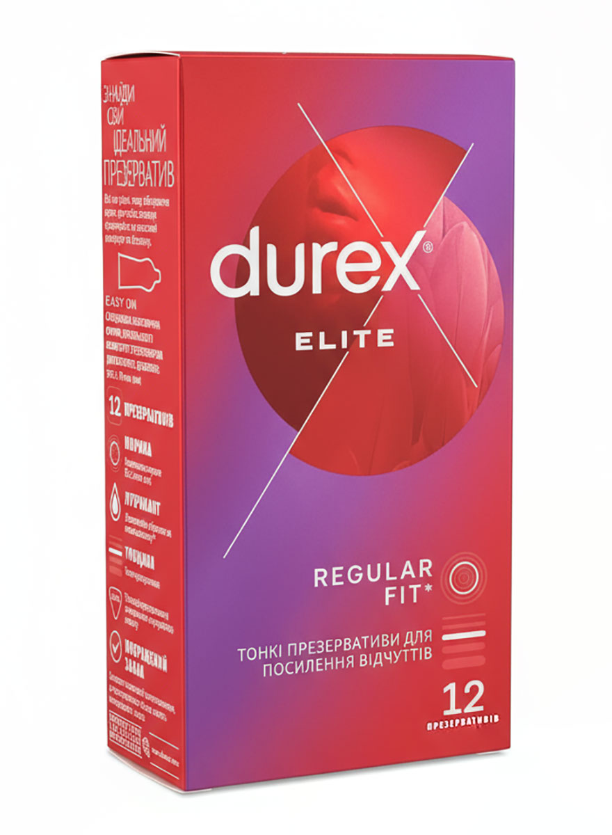 Сине-фиолетовая коробка Durex Elite с логотипом и надписью 12 презервативов