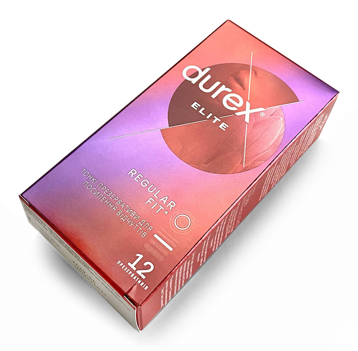 Фиолетовая коробка Durex Elite с логотипом, надписью 12 шт и изображением презерватива