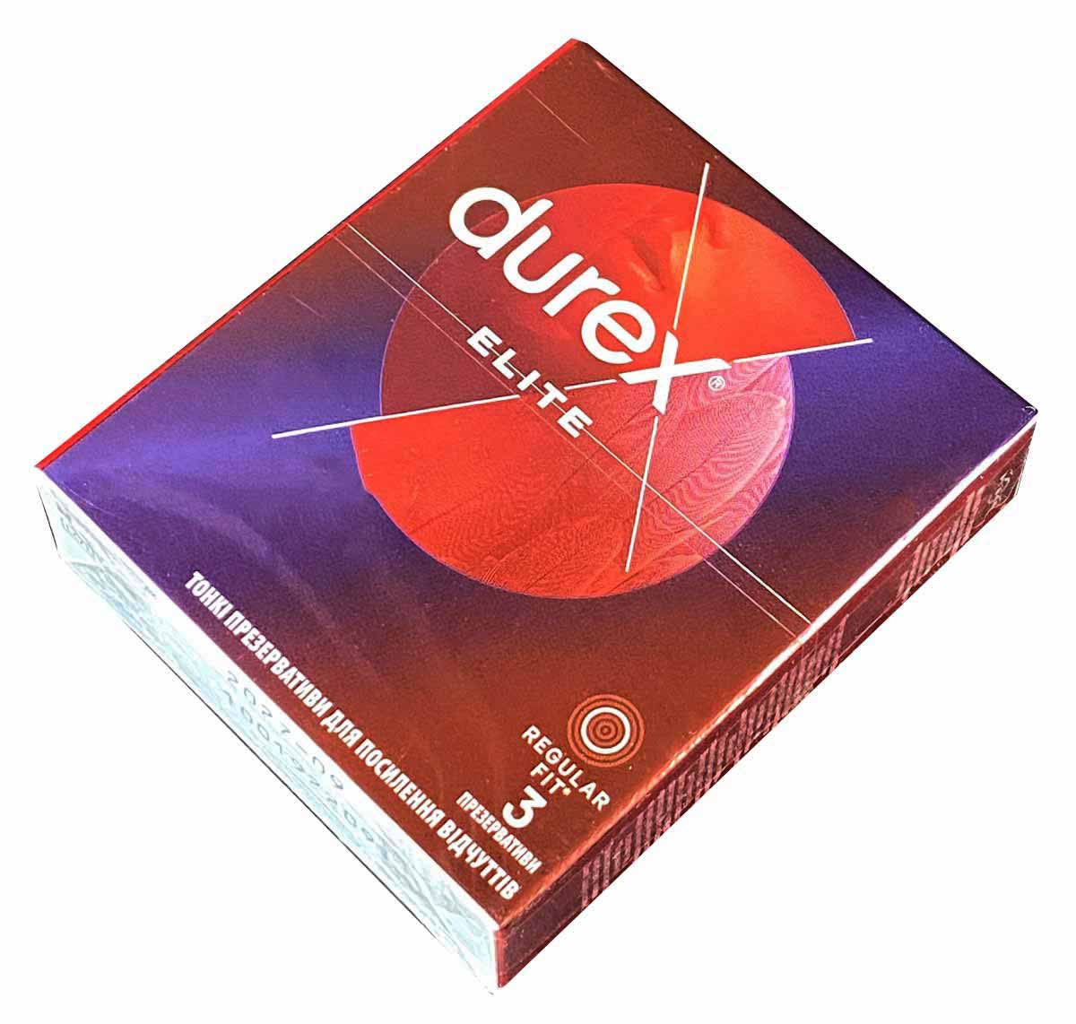 Темно-фиолетовая коробка Durex Elite с белым логотипом и надписью 3 презерватива