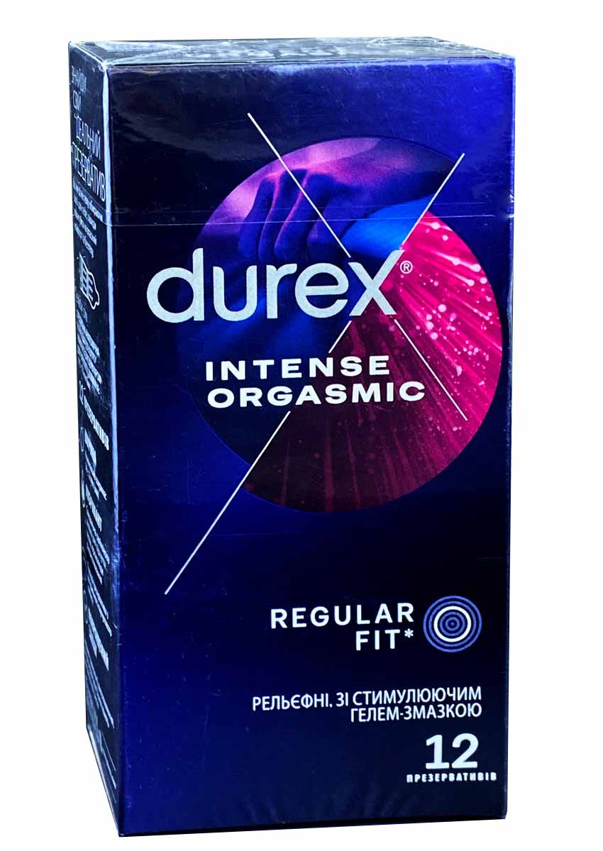 Фиолетово-черная коробка Durex Intense 12 презервативов с розово-зеленым свечением