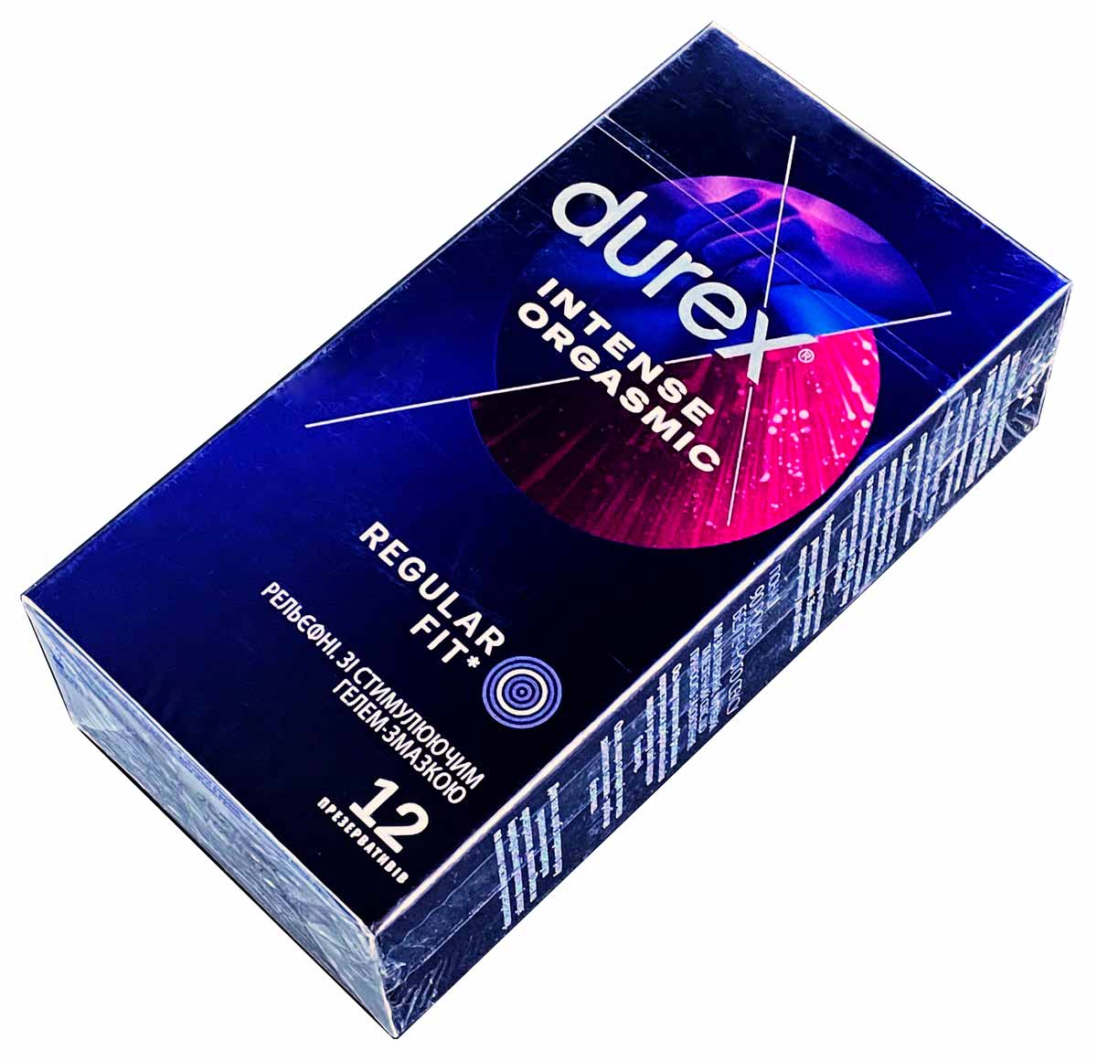 Фиолетово-черная коробка Durex Intense с радужным свечением и надписью 12 презервативов
