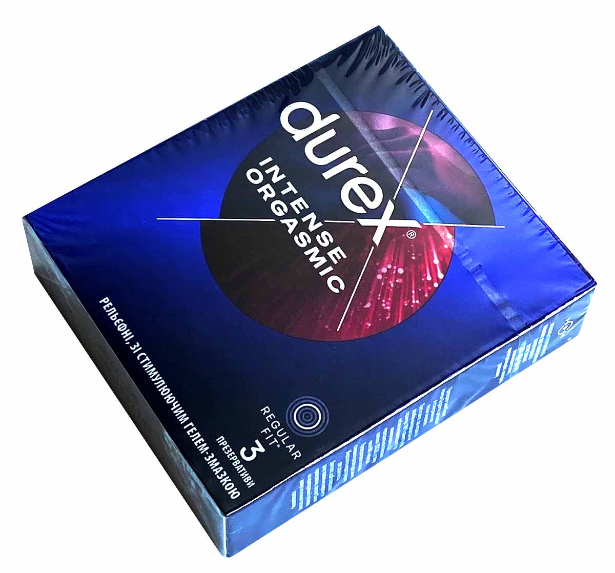 Фиолетово-розовая коробка Durex Intense 3 презерватива с надписью Orgasmic