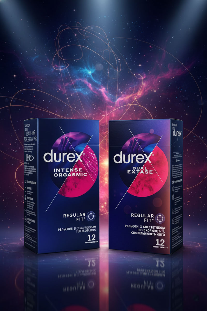 Две разноцветные коробки презервативов Durex Dual Orgasmic по 12 штук на белом фоне