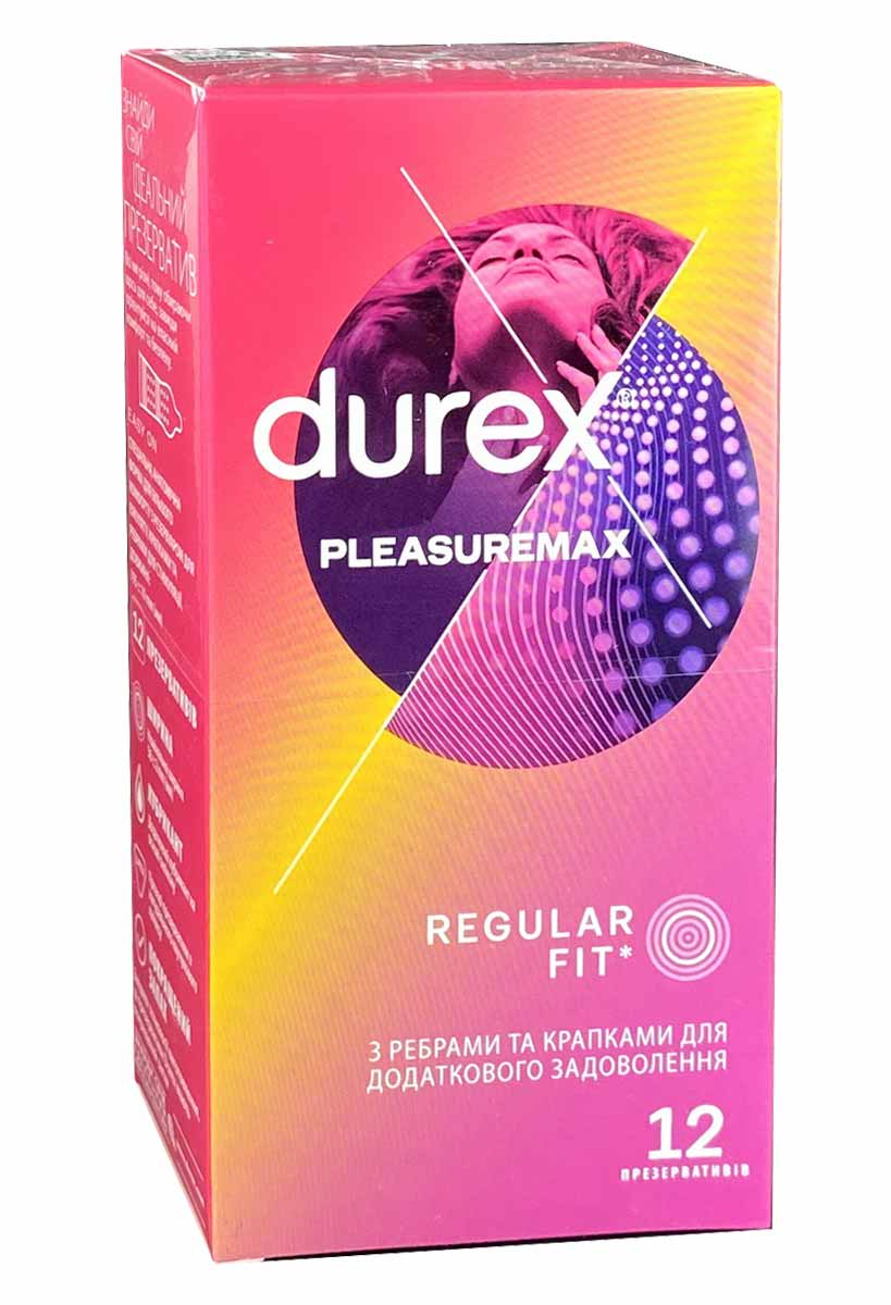 Фиолетовая упаковка с логотипом Durex, надписью Pleasuremax и количеством 12 штук