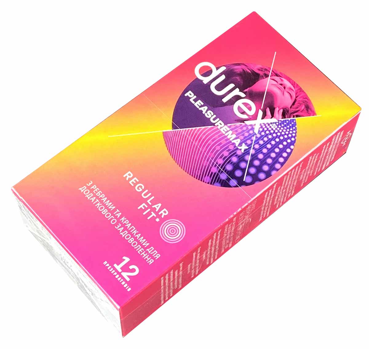 Шість яскраво-рожевих коробок Durex Pleasuremax по 12 штук із біло-синім логотипом