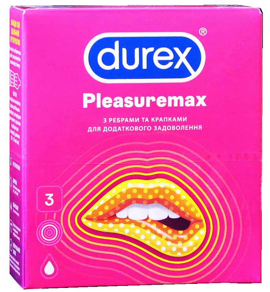 Синяя коробка Durex Pleasuremax с розовыми волнами, количество 3 презерватива