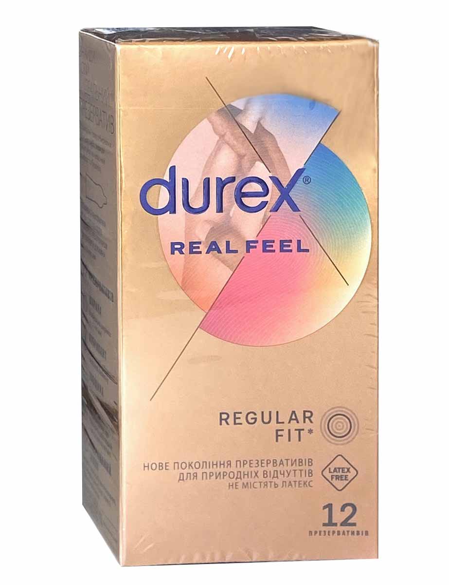 Золотистая упаковка Durex Real Feel 12 штук с логотипом и надписью на русском
