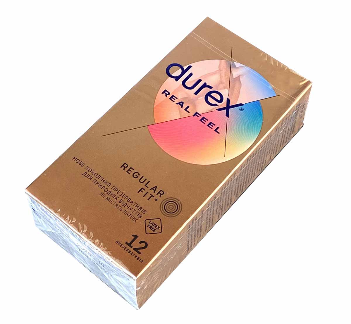 Золотистая коробка Durex Real Feel 12 презервативов с красным логотипом и белой надписью