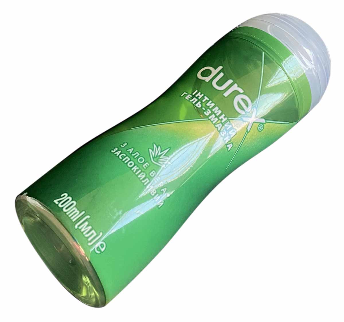 Прозорий флакон з лубрикантом Durex Play Massage 2 в 1 Aloe Vera 200 мл на білому фоні