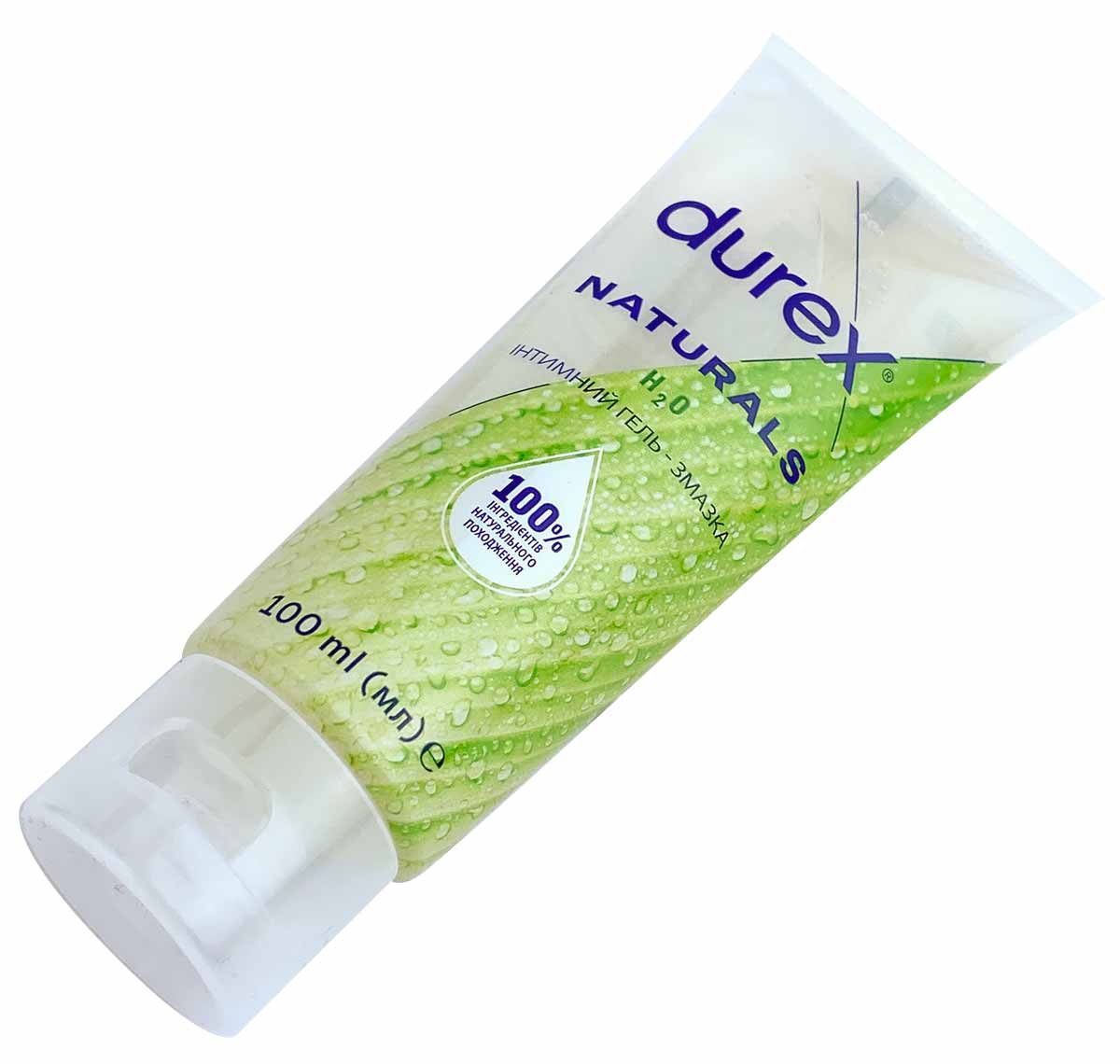 Прозрачный пластиковый флакон DUREX Naturals 100 мл с зелёными и голубыми элементами дизайна