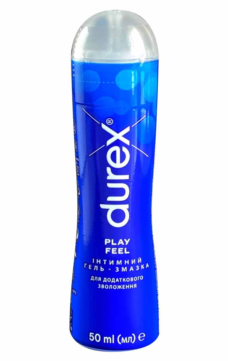 Прозорий флакон з синім ковпачком DUREX Play Feel 50мл на білому фоні