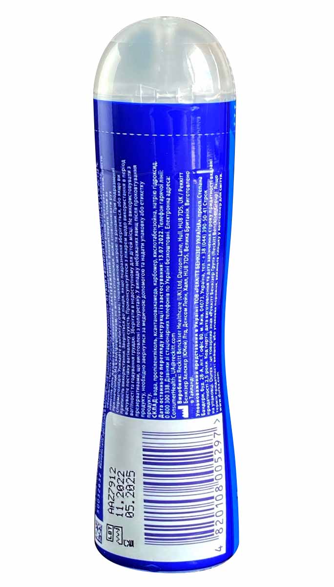 Прозорий флакон з синьою рідиною та логотипом Durex Play Feel 50мл