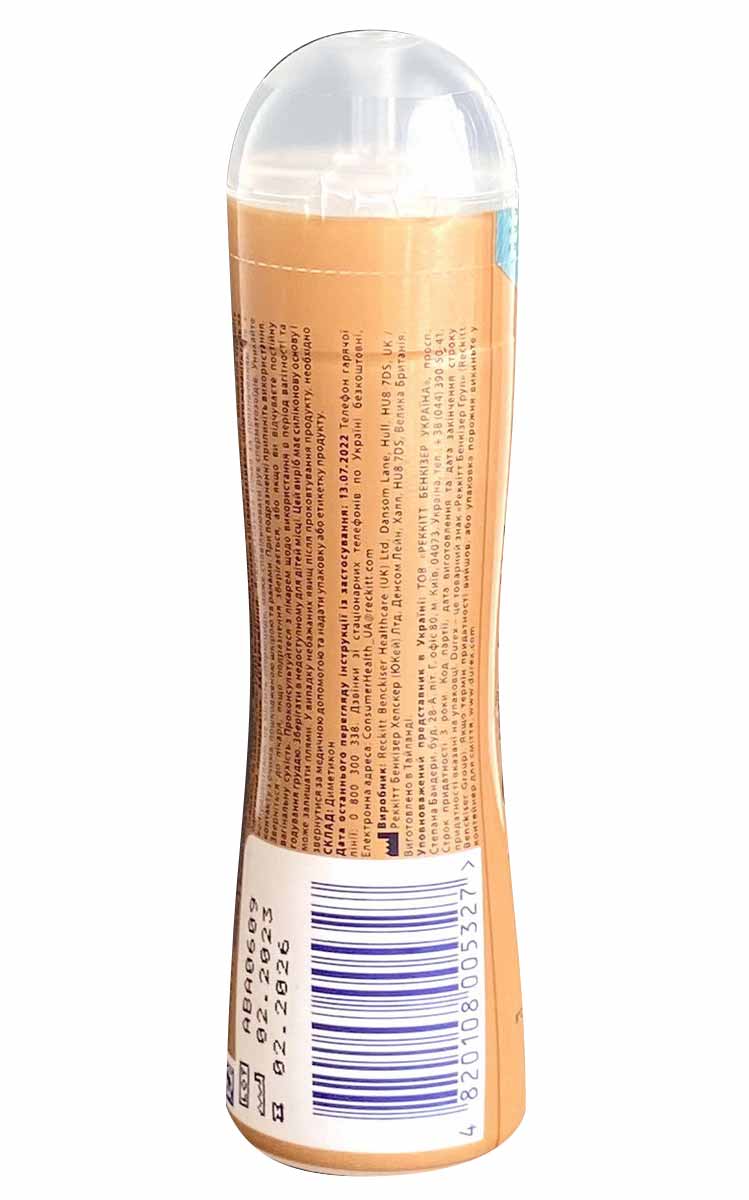 Прозрачный флакон с золотистым колпачком и логотипом Durex Play Real Feel 50мл