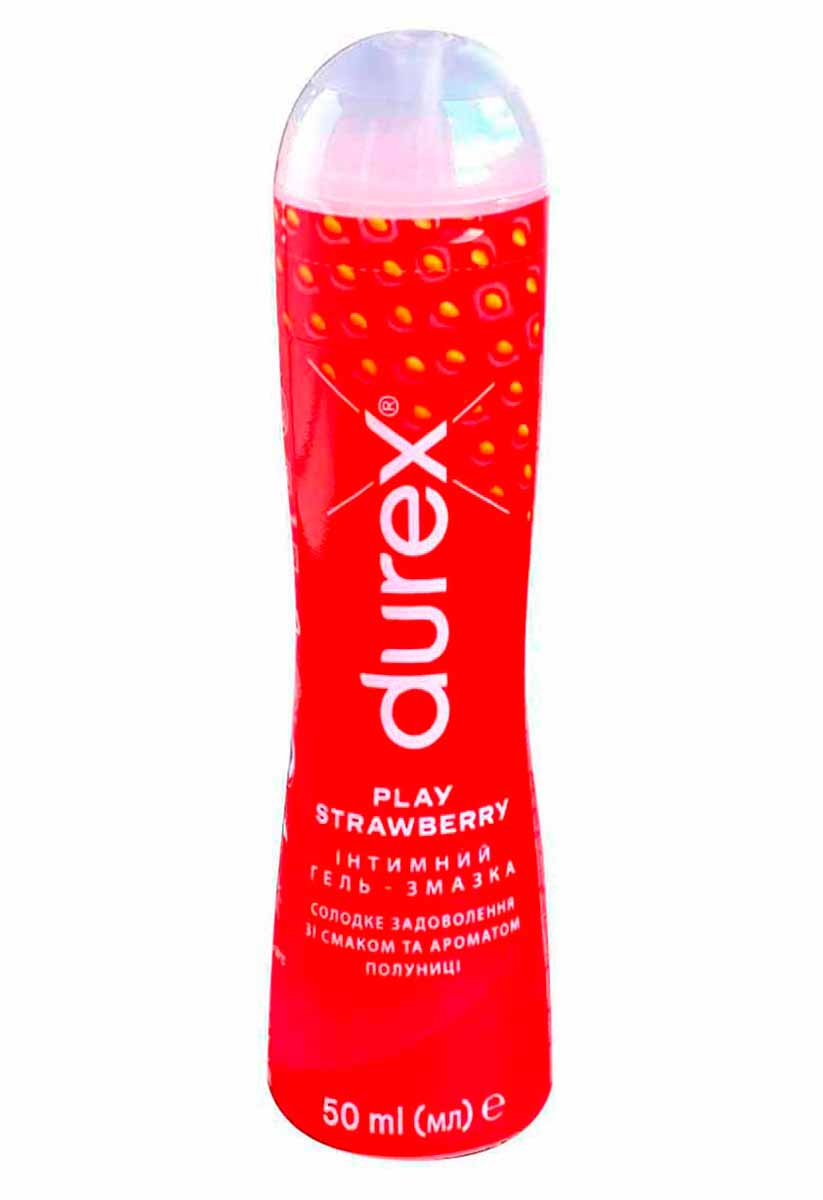 Прозрачный флакон с розовым гелем Durex Sweet Strawberry 50 мл, клубника на этикетке