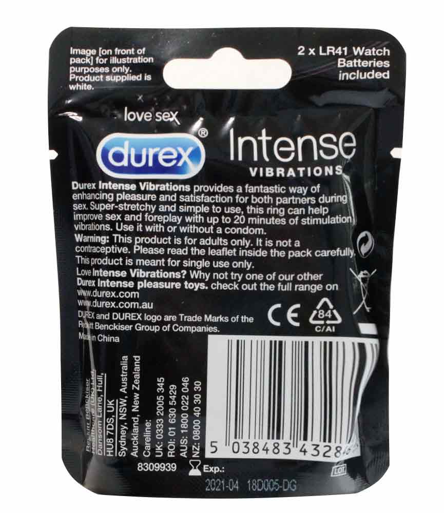 Фіолетова упаковка з написом Durex Intense Vibrations та зображенням вібраційного кільця