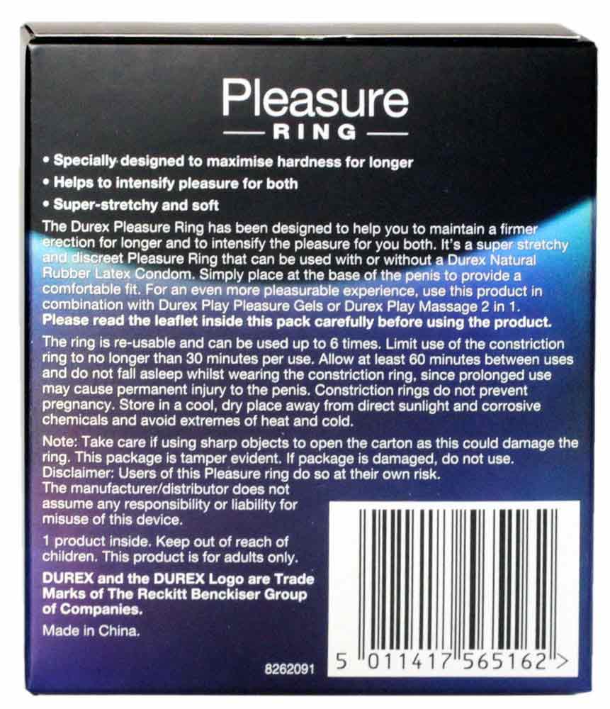 Синий фон, прозрачное эрекционное кольцо и синяя упаковка Durex Pleasure Ring