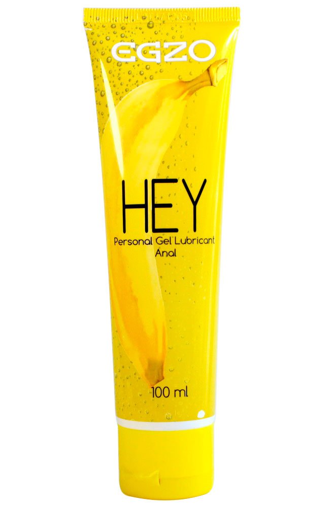 Желтый тюбик EGZO HEY с бананом и надписью Banana Lubricant 100+50ml на белом фоне
