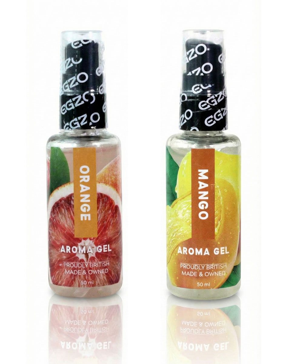 Два прозрачных флакона EGZO Aroma Gel с манго и апельсином на белом фоне, объем 50 мл