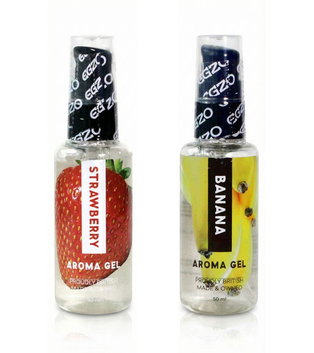 Два тюбика с яркими фруктовыми иллюстрациями, клубника и банан, надпись EGZO Aroma Gel, 50 мл