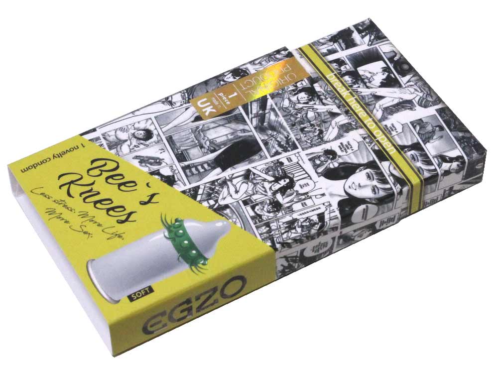 Яскрава жовта упаковка EGZO Bee`s Knees з чорними написами та ілюстрацією бджоли, 1шт