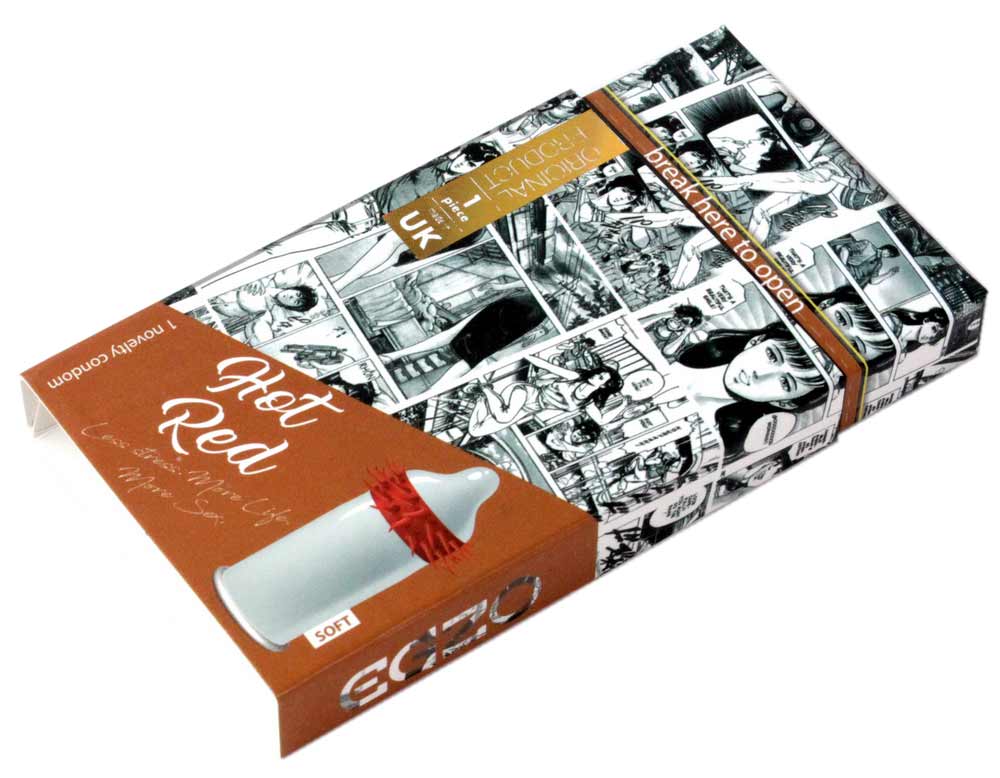 Яркая красная упаковка EGZO Hot Red с надписью и изображением презерватива с усиками, 1 шт