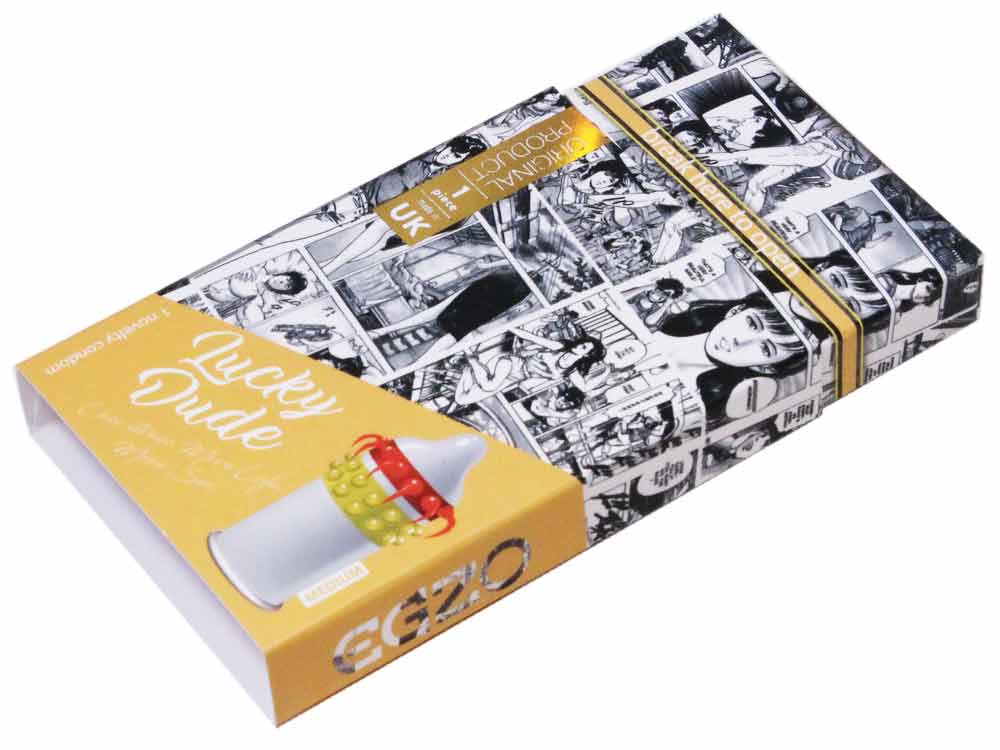 Чёрная упаковка EGZO Lucky Dude с жёлтым текстом и изображением презерватива с усиками