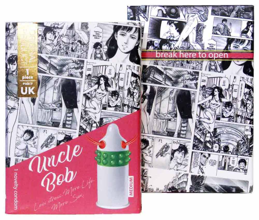 Чёрная упаковка EGZO Uncle Bob с жёлтым рисунком и надписью, 4 штуки по 1 презервативу