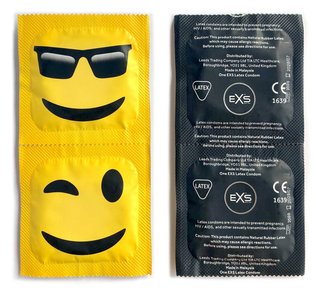 Жовта упаковка EXS Emoji з емодзі, написом 2 condoms та логотипом EXS