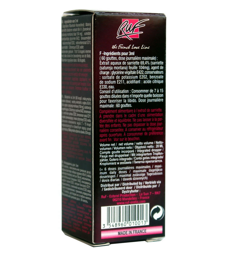 Прозорий флакон з білою кришкою та етикеткою RUF Drop Sex 20 мл на білому фоні