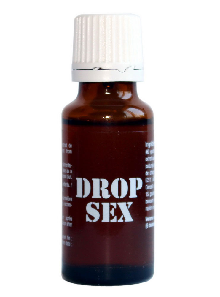 Прозорий флакон з білою кришкою та рожевою етикеткою Drop Sex 20 мл