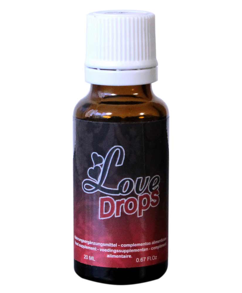 Прозорий флакон з рідиною, біла етикетка RUF Love Drops, об’єм 20 мл