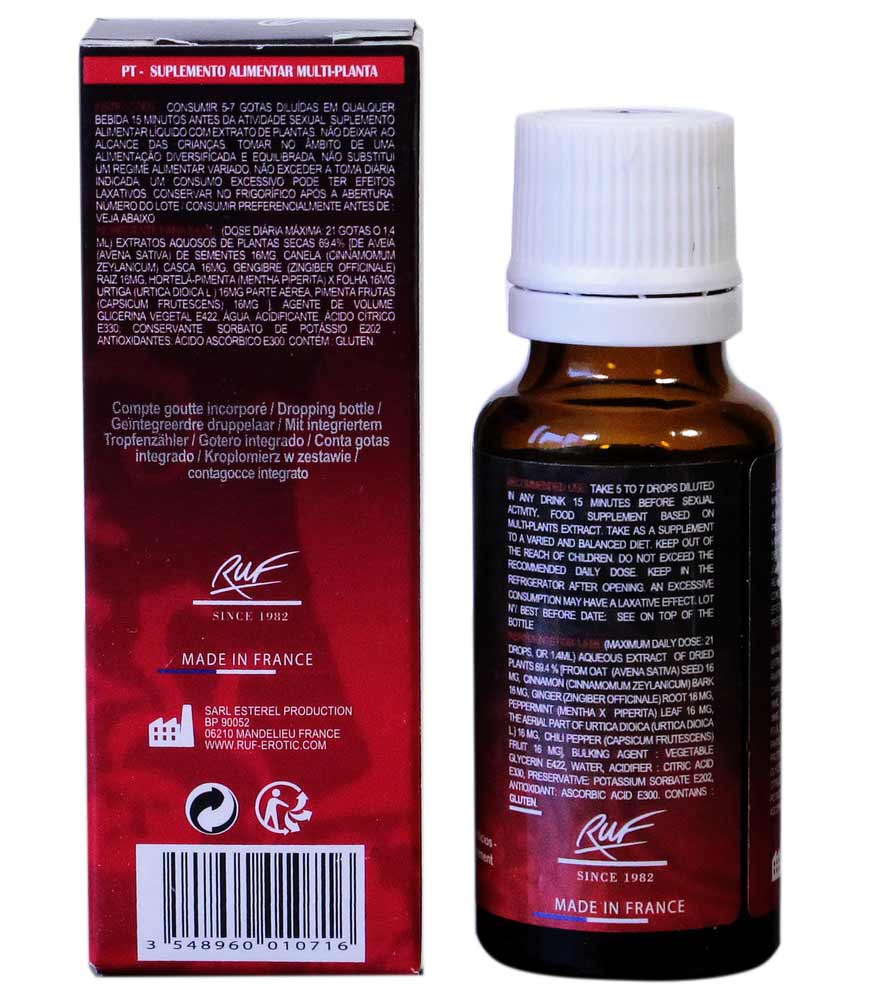 Прозорий флакон із червоною рідиною та білою етикеткою Love Drops 20 мл