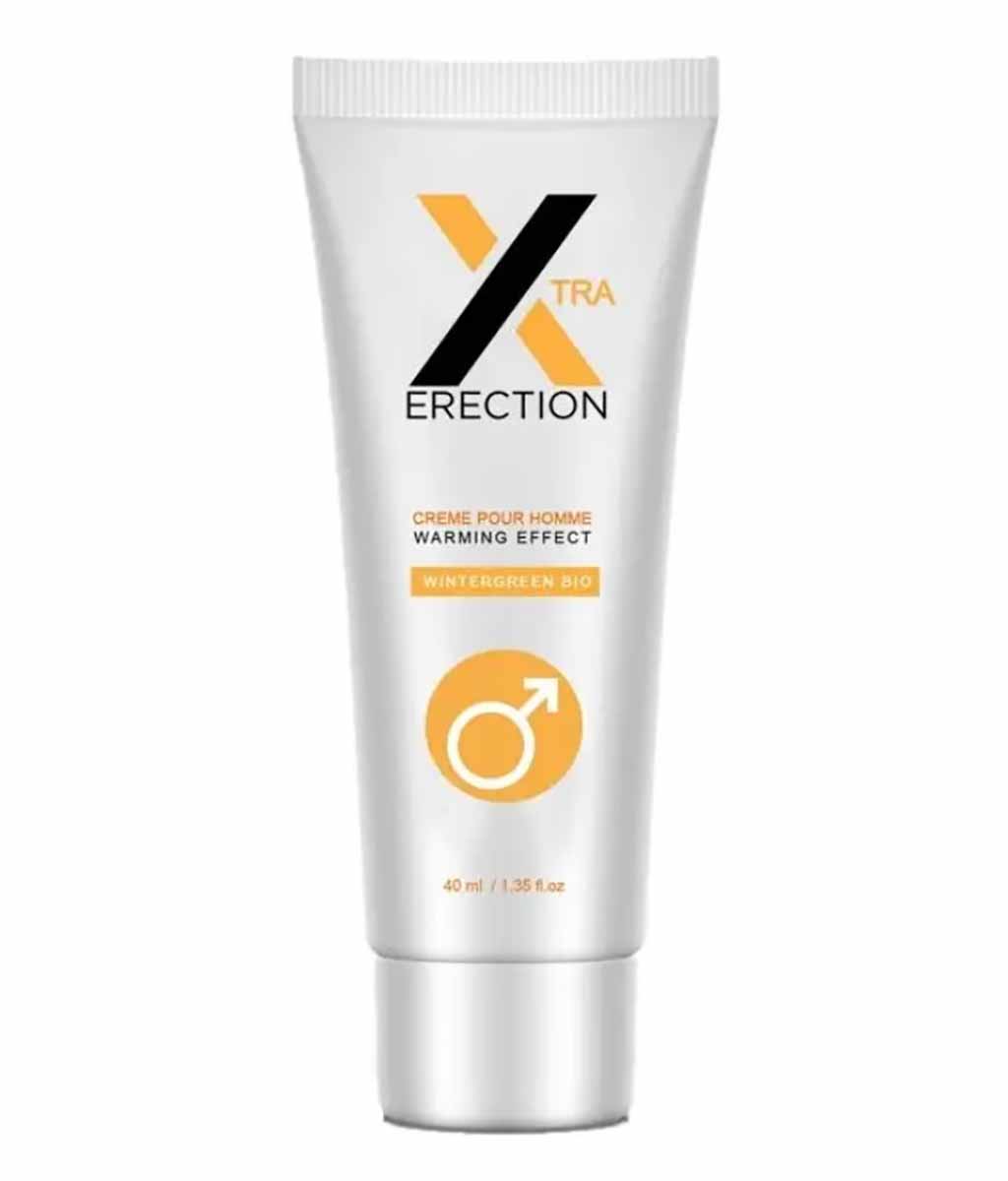 Чорний тюбик крему RUF XTRA ERECTION 40мл з синім та сріблястим написом на білому фоні