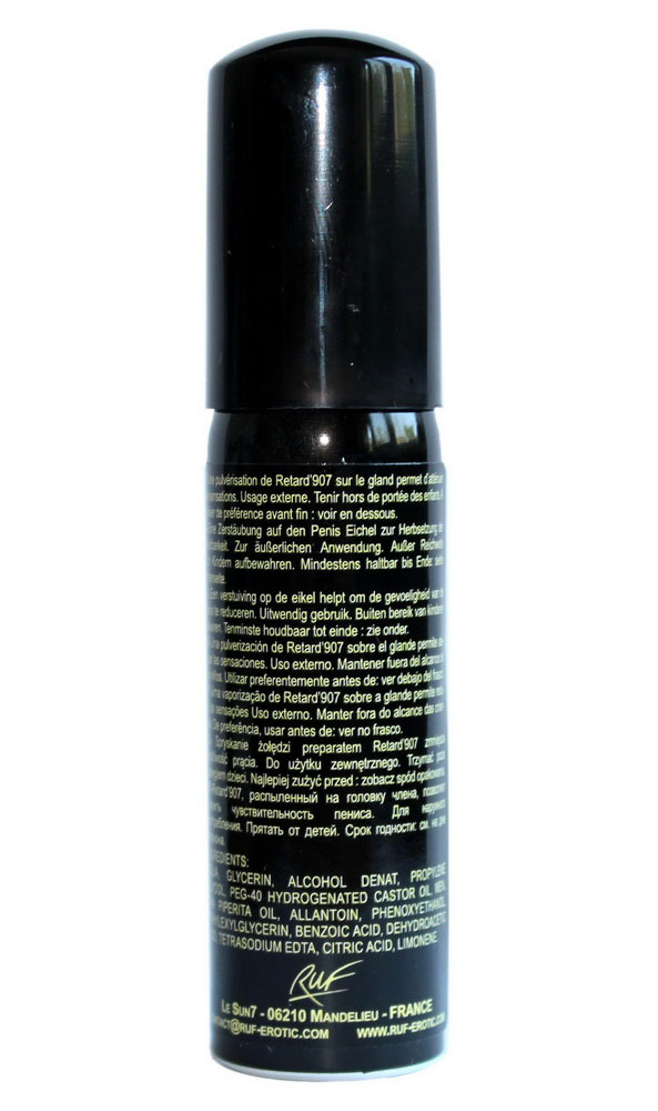 Прозорий флакон з білою кришкою, синя етикетка Retard 907, об?єм 25 мл