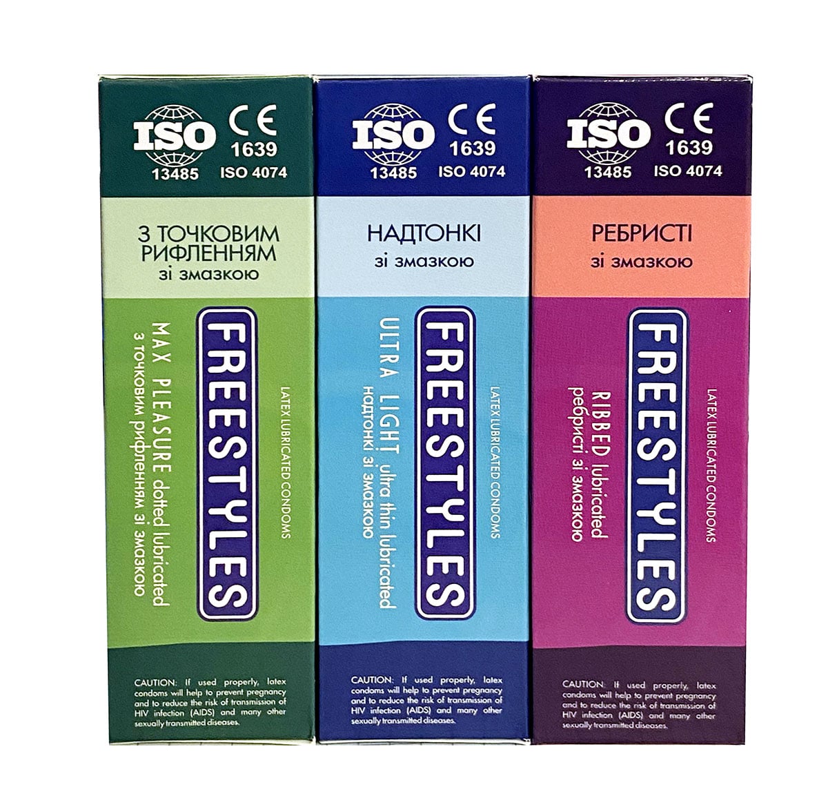 Яркие разноцветные коробки FREESTYLES ассорти 36 штук, три упаковки по 12 презервативов