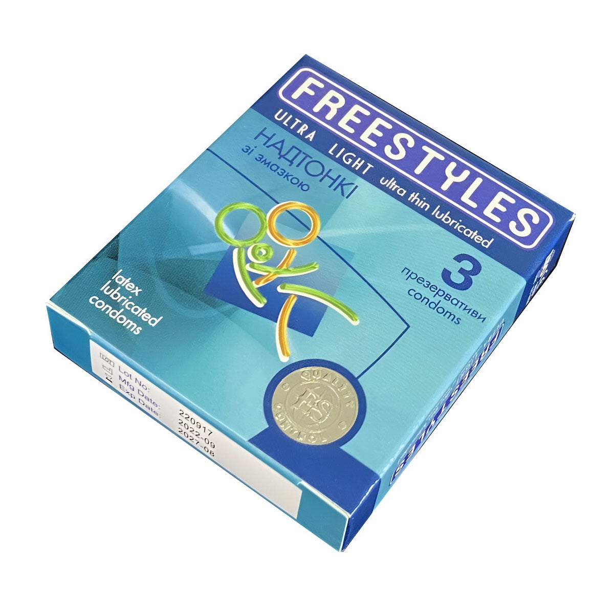 Темно-синяя упаковка FREESTYLES Ultra Light 3 шт с белым и голубым текстом, супертонкие