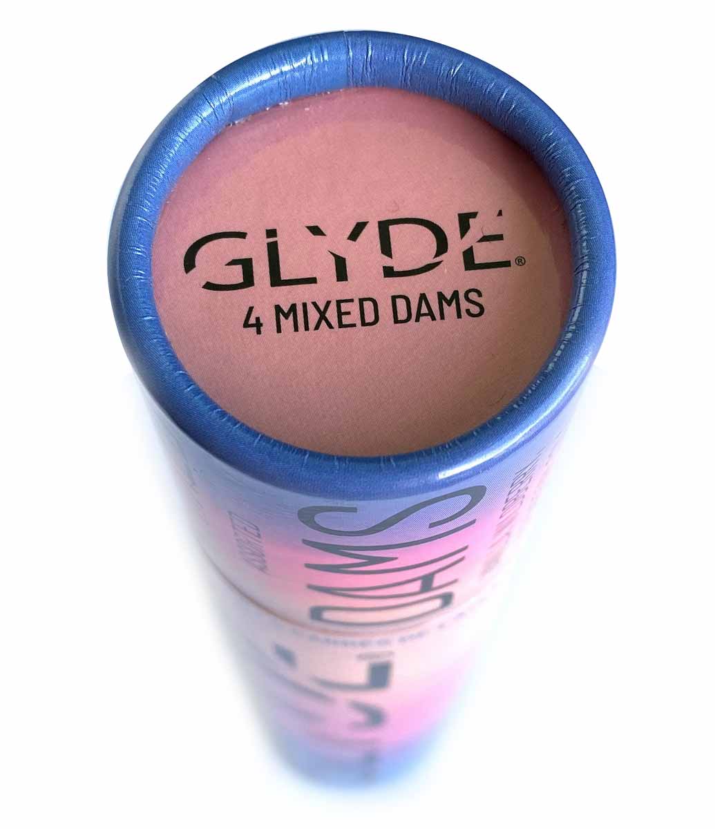 Різнокольорові латексні серветки Glyde Oral Dam у прозорій тубі, мікс, 4 штуки