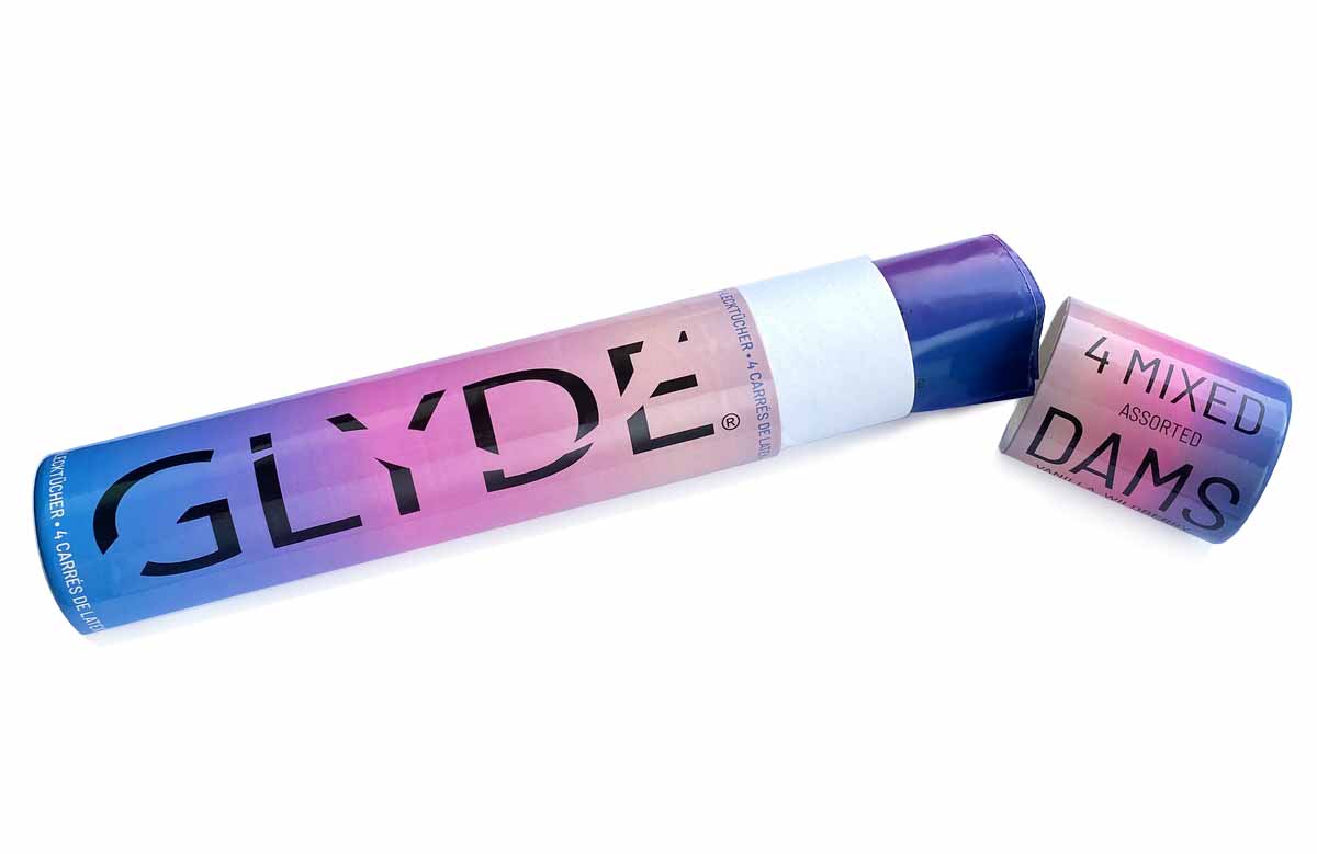 Різнокольорові латексні серветки Glyde Oral Dam у прозорій тубі, 4 шт мікс
