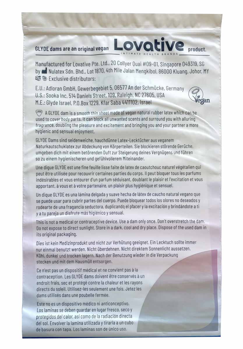 Жовта туба з написом Glyde та зображенням фруктів, 4 латексні серветки Oral Dam мікс