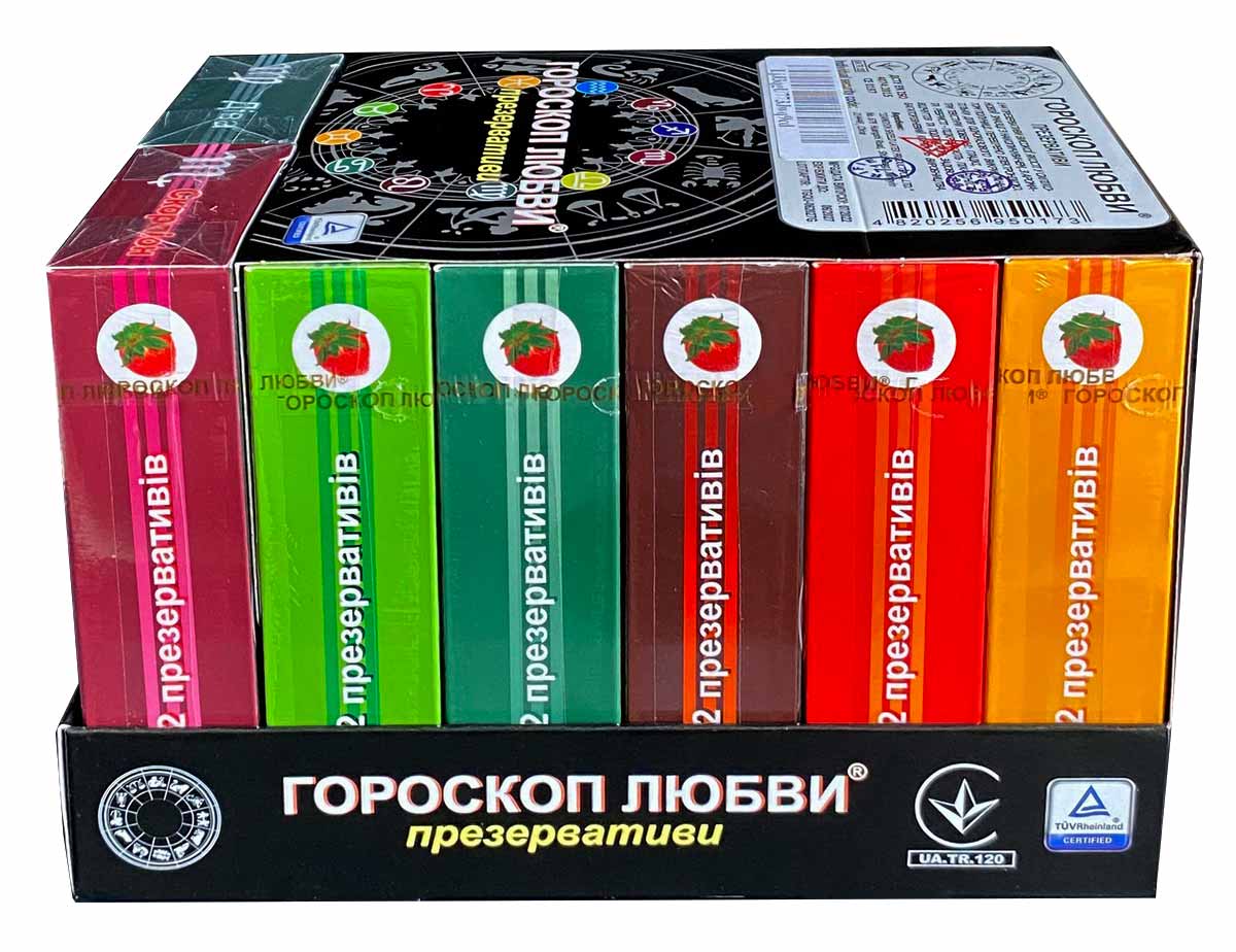 Несколько разноцветных упаковок презервативов Гороскоп любви с астрологическими знаками