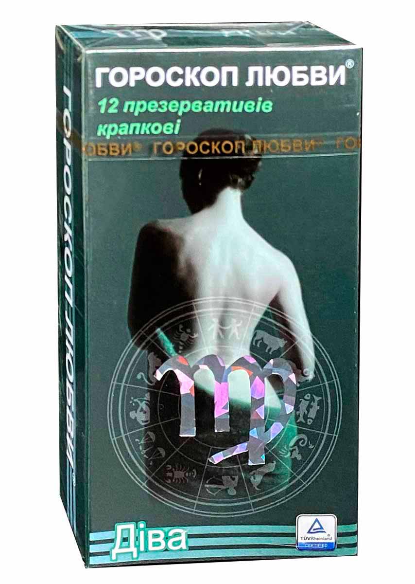 Синий фон, белый круглый знак зодиака Дева, надпись Гороскоп любви, 12 шт, точки